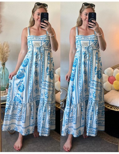 Robe d’été longue bohème imprimé fleuri bleu modèle Kareen T.36 neuve Paris Déstockage Promo