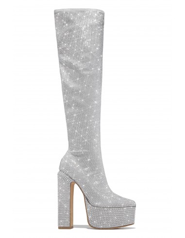 Aviana Embellished Platform Block Heel Over The Knee Boots - Silver ou a consommer sur place