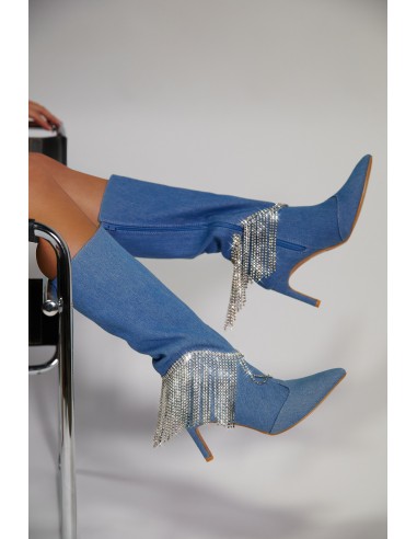 Faye Embellished Fringe Knee High Boots - Denim Le MVP de beaucoup