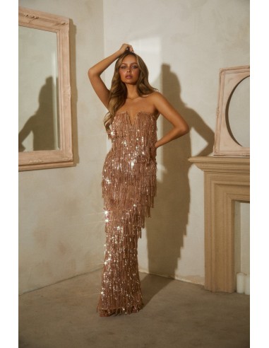 Exclusive Nights Sequins Fringe Maxi Dress - Gold acheter