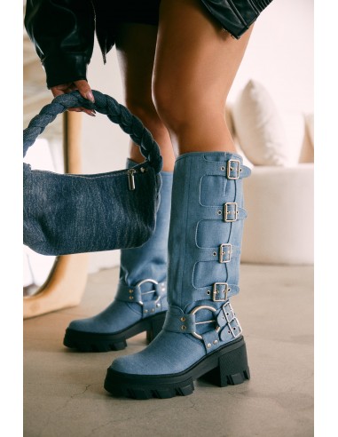 Alix Knee High Buckle Combat Boots - Denim vous aussi creer 