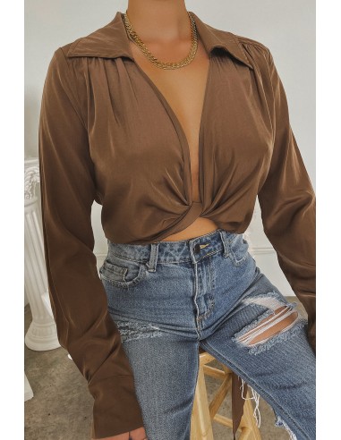 Iniza Long Sleeve Collar Wrap Top - Brown de l' environnement