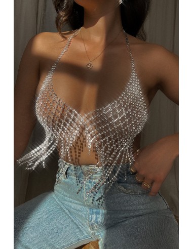 Aliah Embellished Fringe Bra Top - Silver destockage