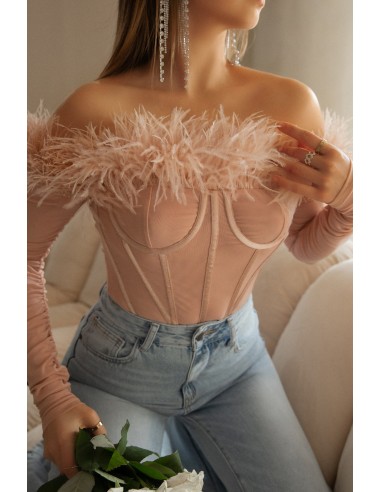 Love Attitude Off The Shoulder Faux Feather Long Sleeve Bodysuit - Nude france